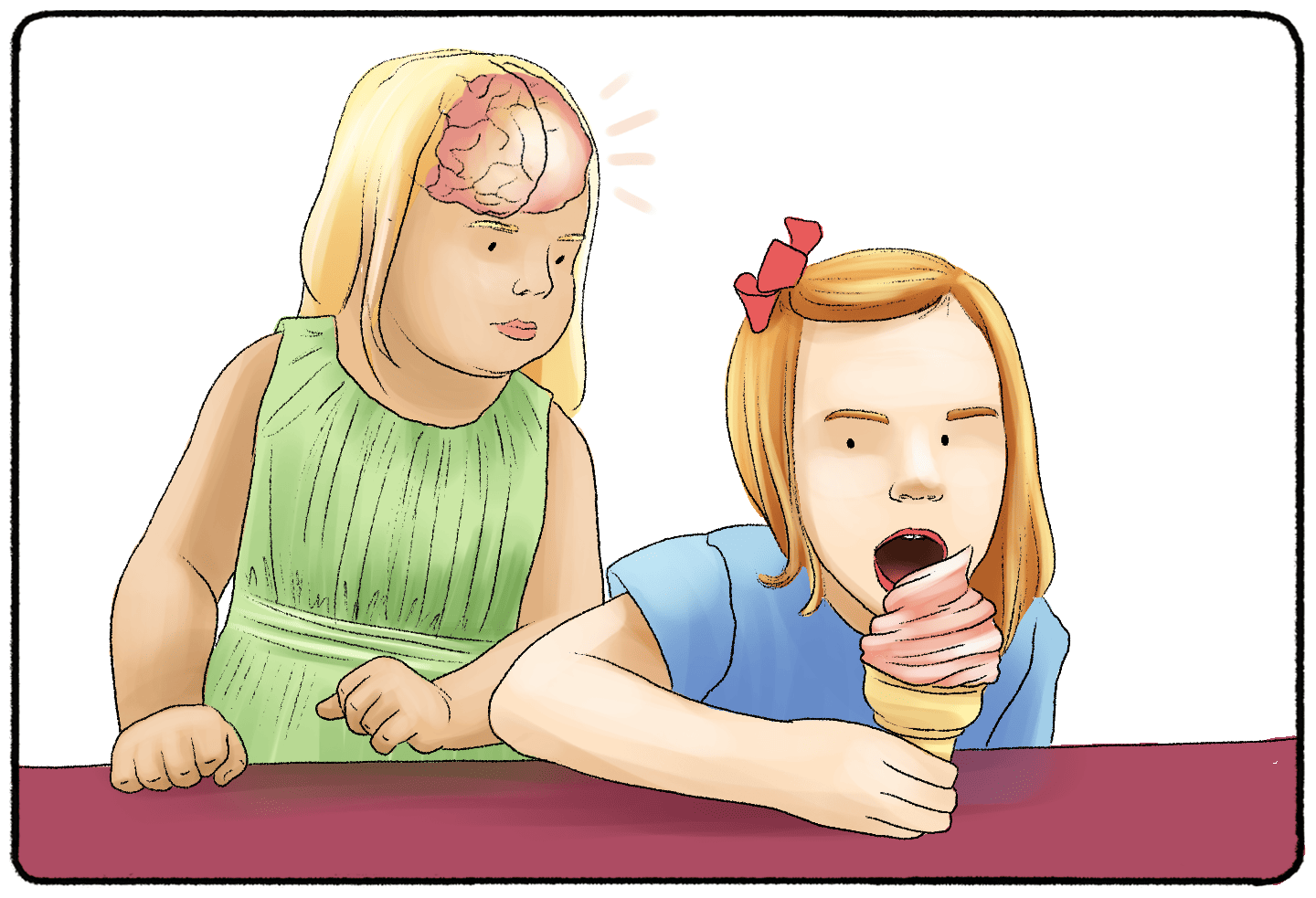 a woman feeling hungry while watching a child eat ice cream