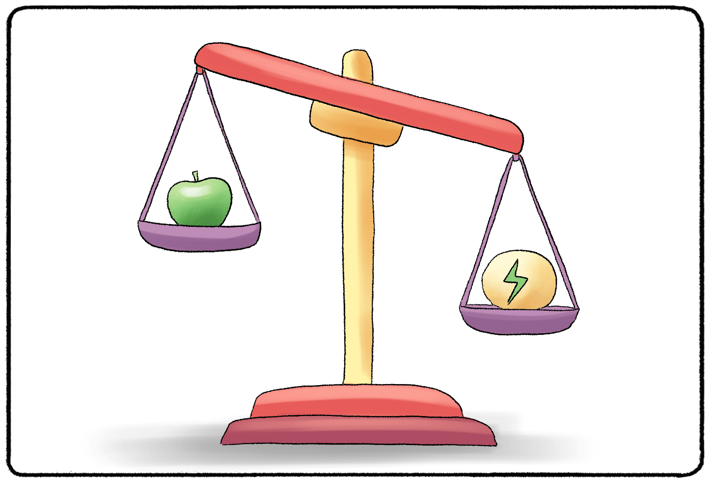 a scale with food and power on each side 