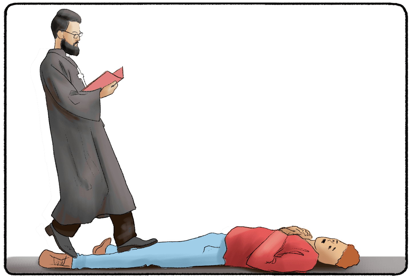 preist reading a book while walking past a man on the ground