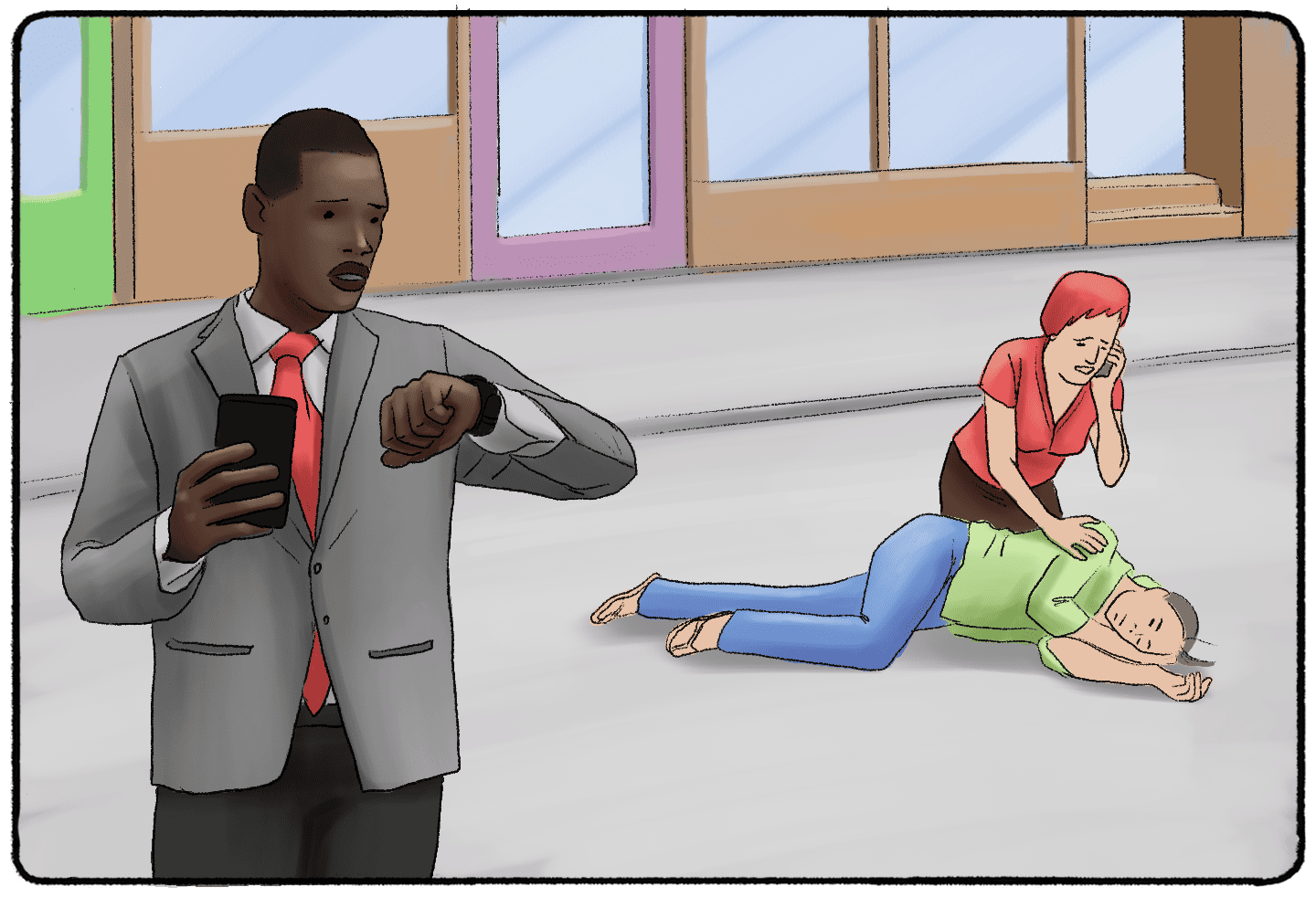 a man looking at his watch while another woman in the background helps a woman who has fallen