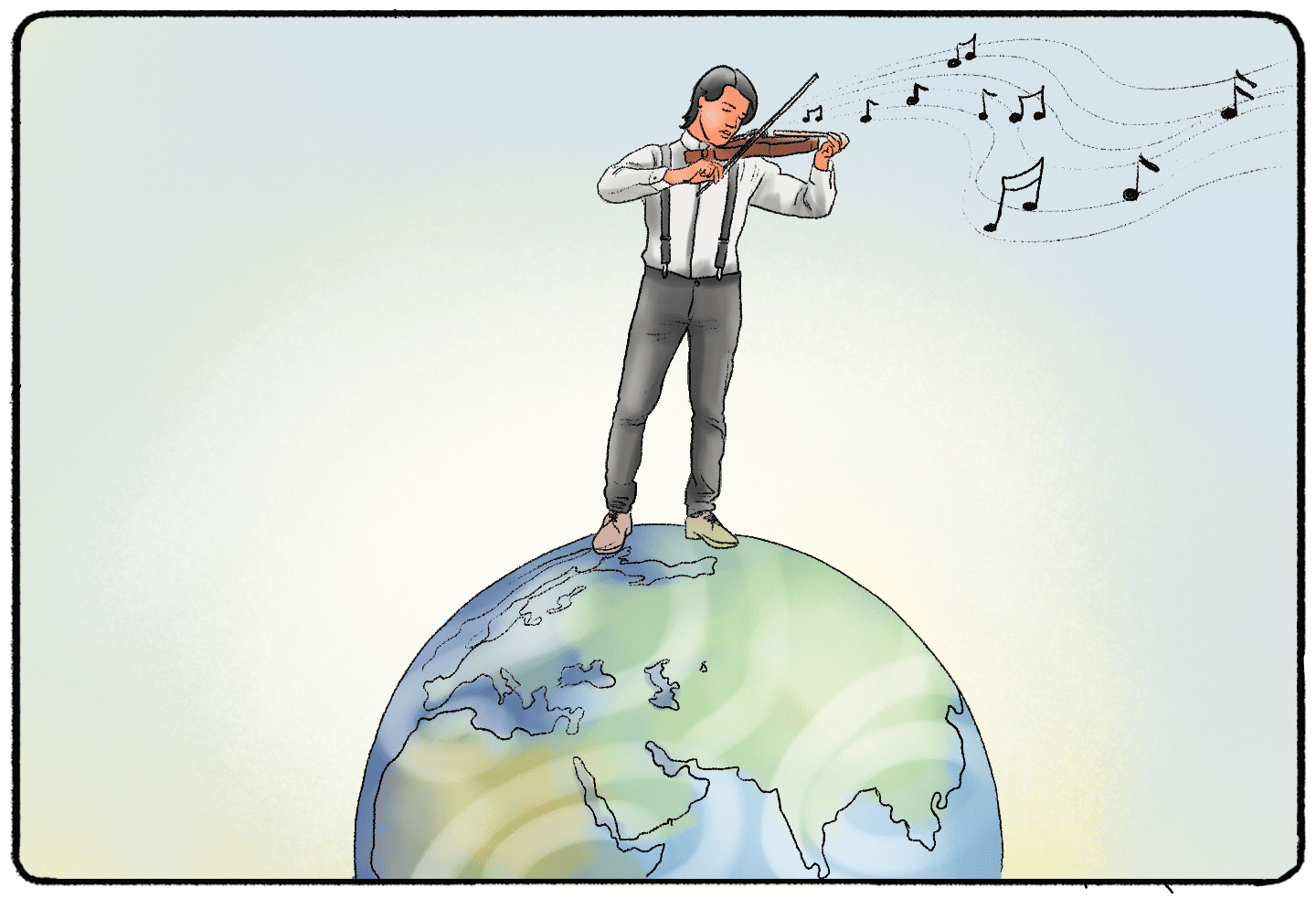 a violinist standing on top of the earth playing his instrument, in a flow state