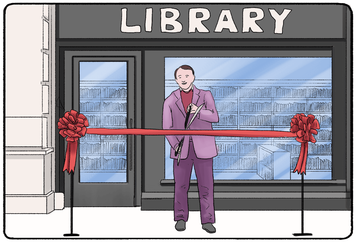 a man attending a ribbon-cutting ceremony at a new library