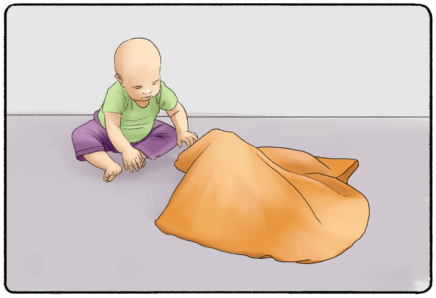 a baby looking at a blanket covering a ball