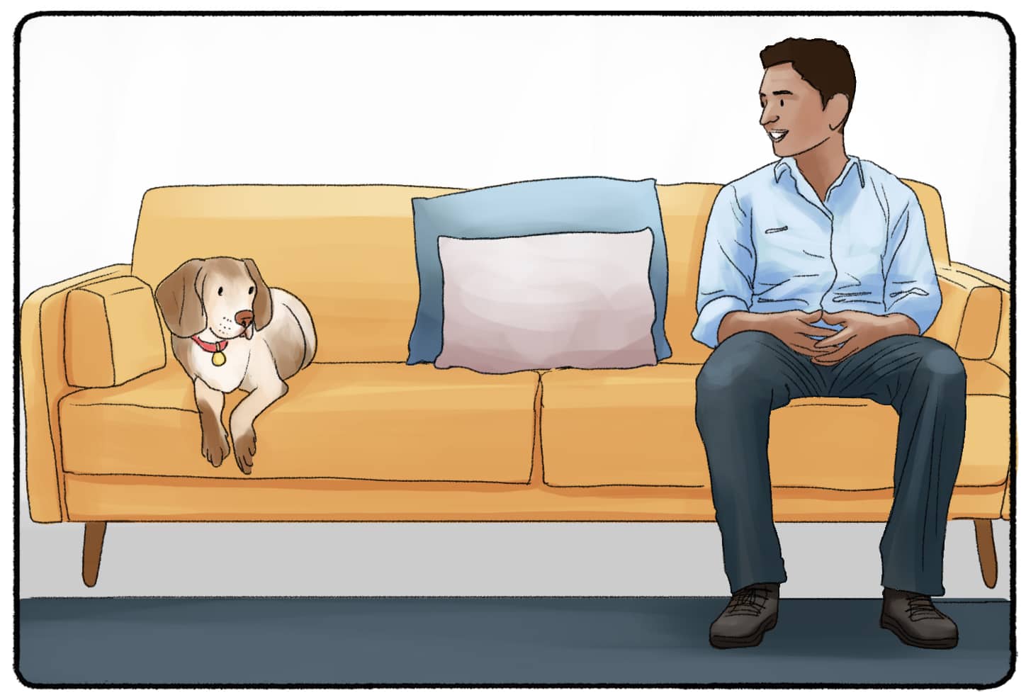 hesitant dog sitting on couch with person