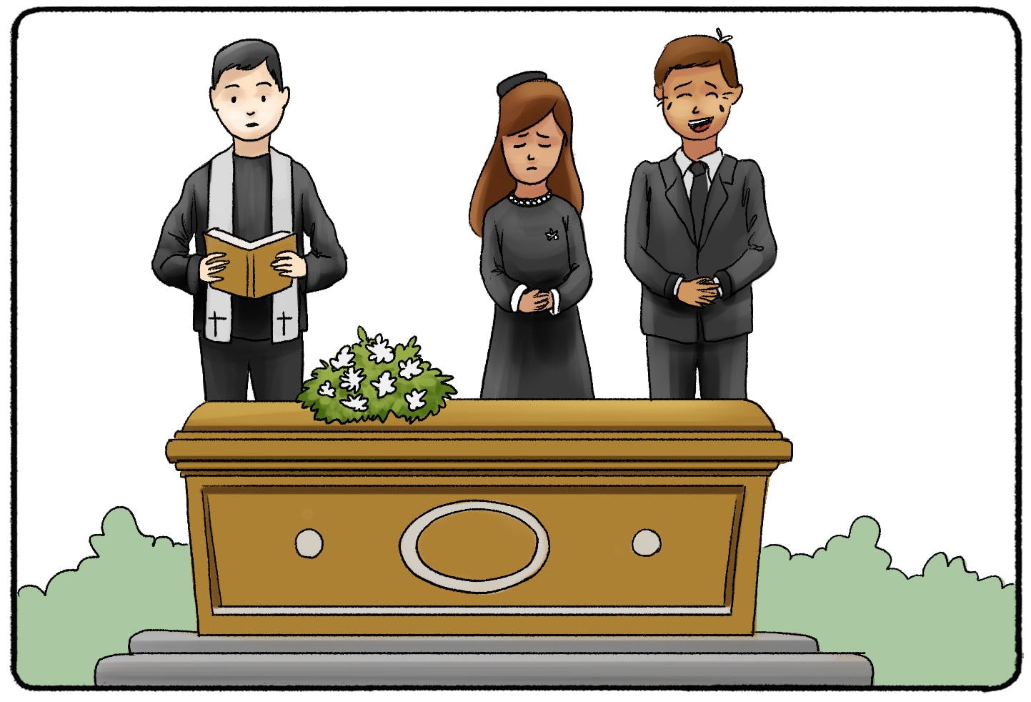 a person laughing at a funeral