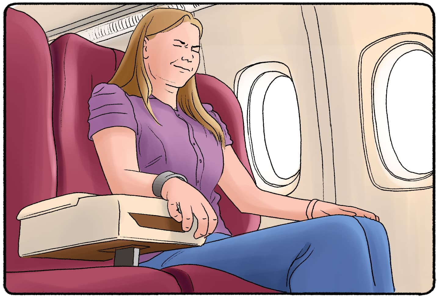 woman feeling anxious while sitting in a plane