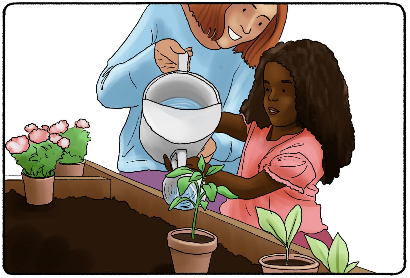 woman and child watering plants