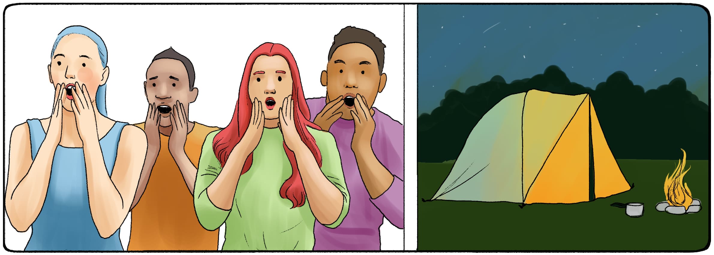 people gasping in one image, a tent in the other