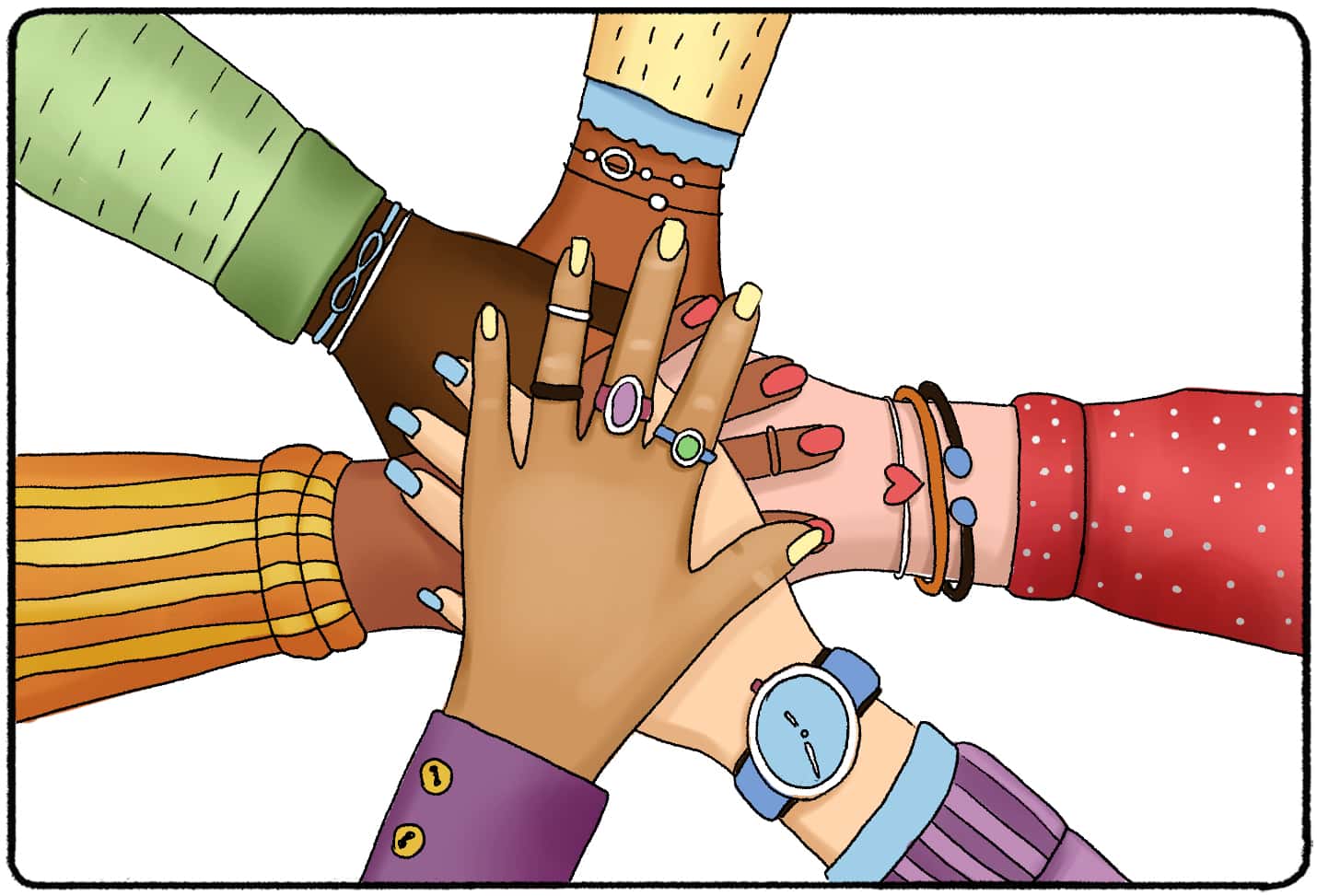 diverse group of hands stacked on top of each other