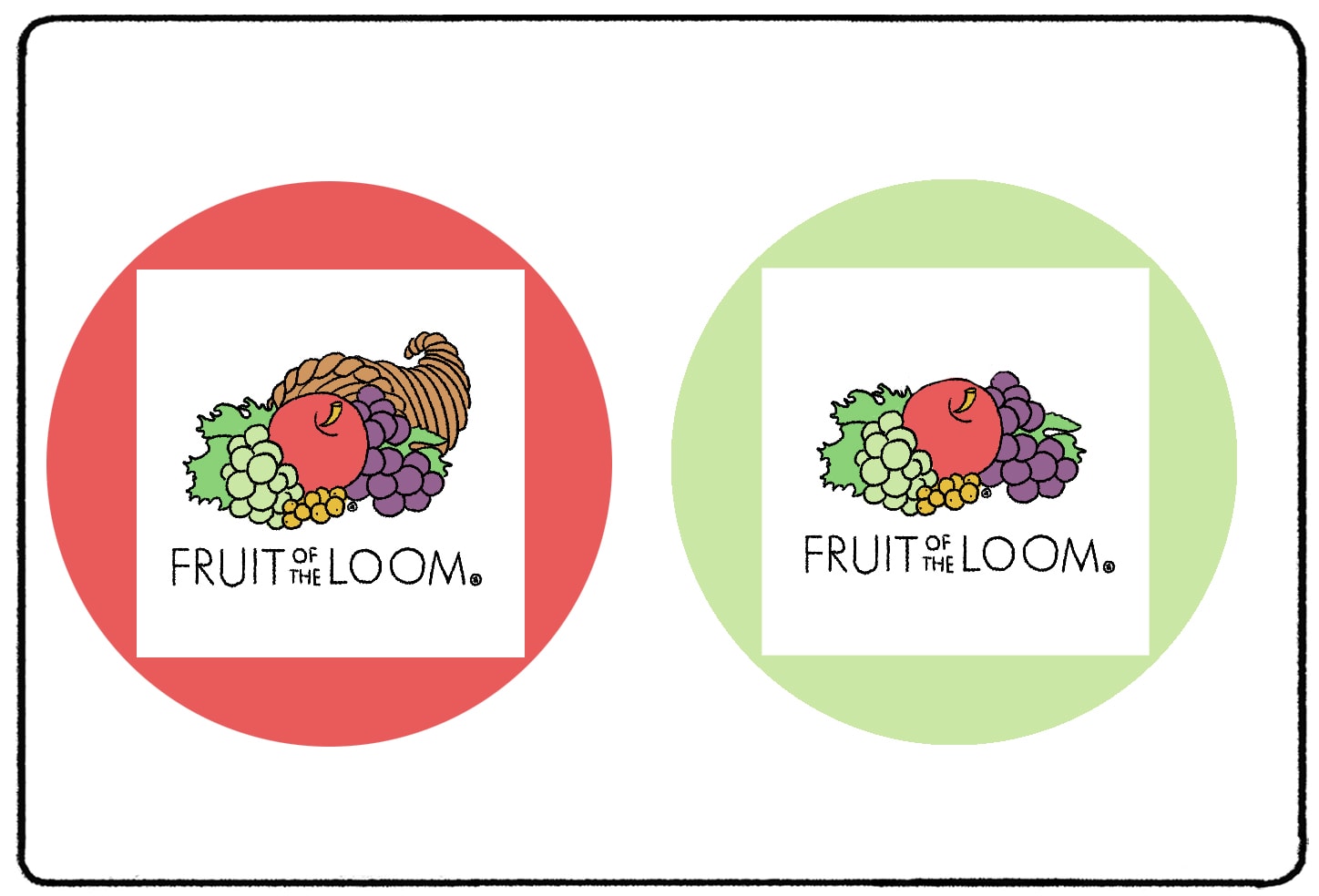 two fruit of the loom logos, one that never existed but seems to stick in people's minds due to the mandela effect