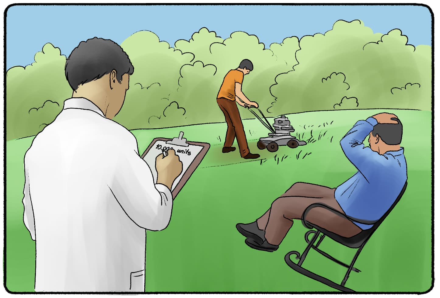 researcher watching a man watching another man mowing the lawn