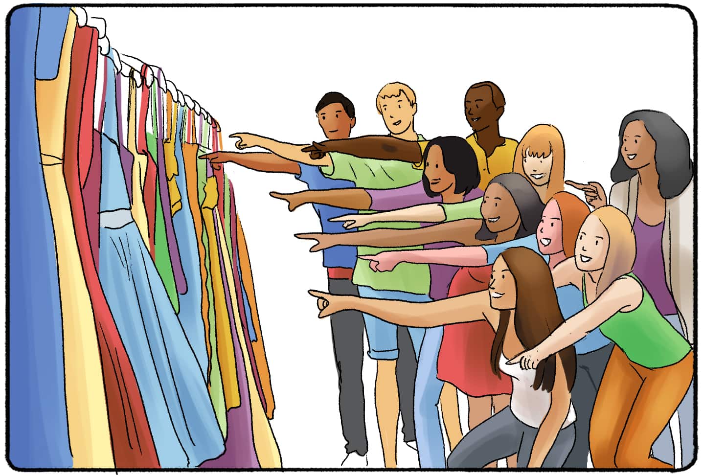 a bunch of people pointing at a rack of dresses 