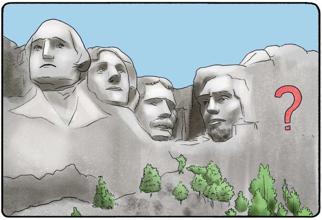 mount rushmore with a red question mark on the face of the rock next to abraham lincoln