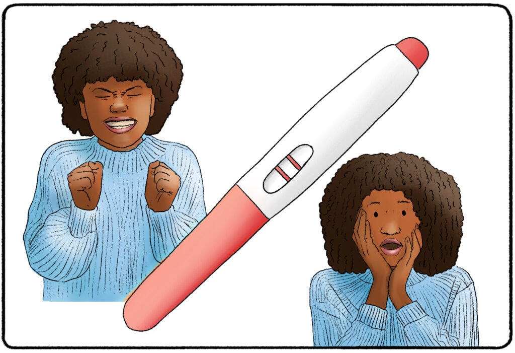 a positive pregnancy test between a woman looking excited and the same woman looking shocked