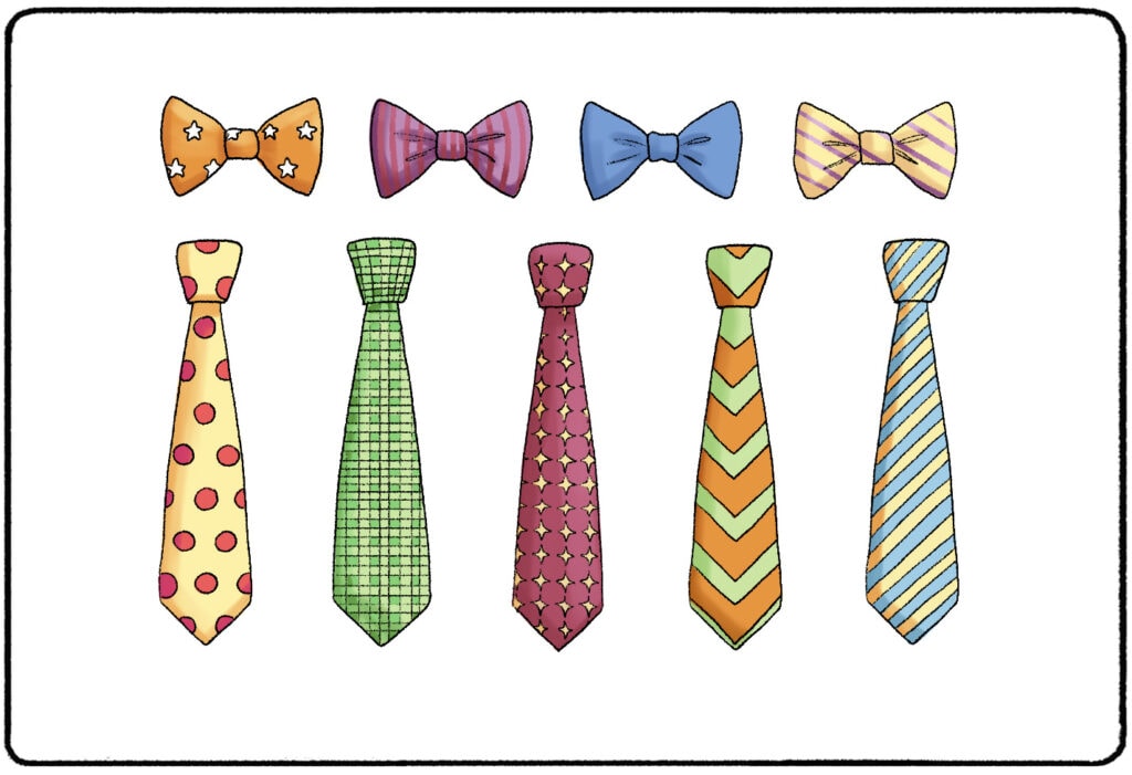 four different bowties and five different ties
