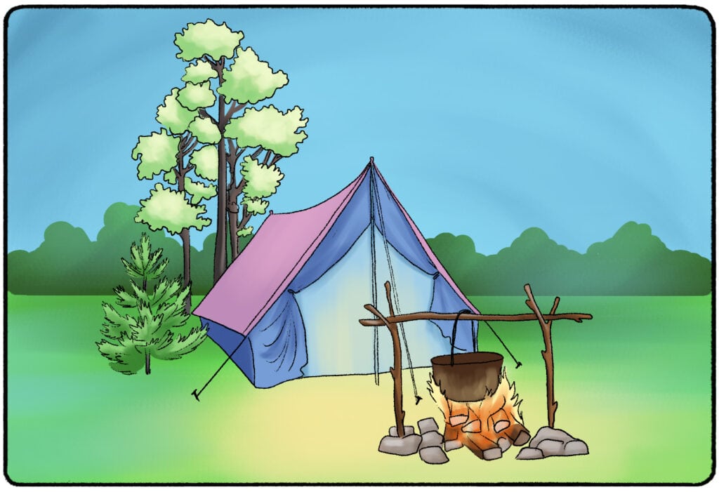 a tent and campfire in a forest