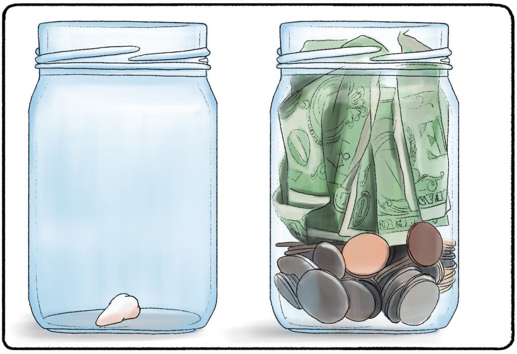 one jar containing a tooth and another jar containing money
