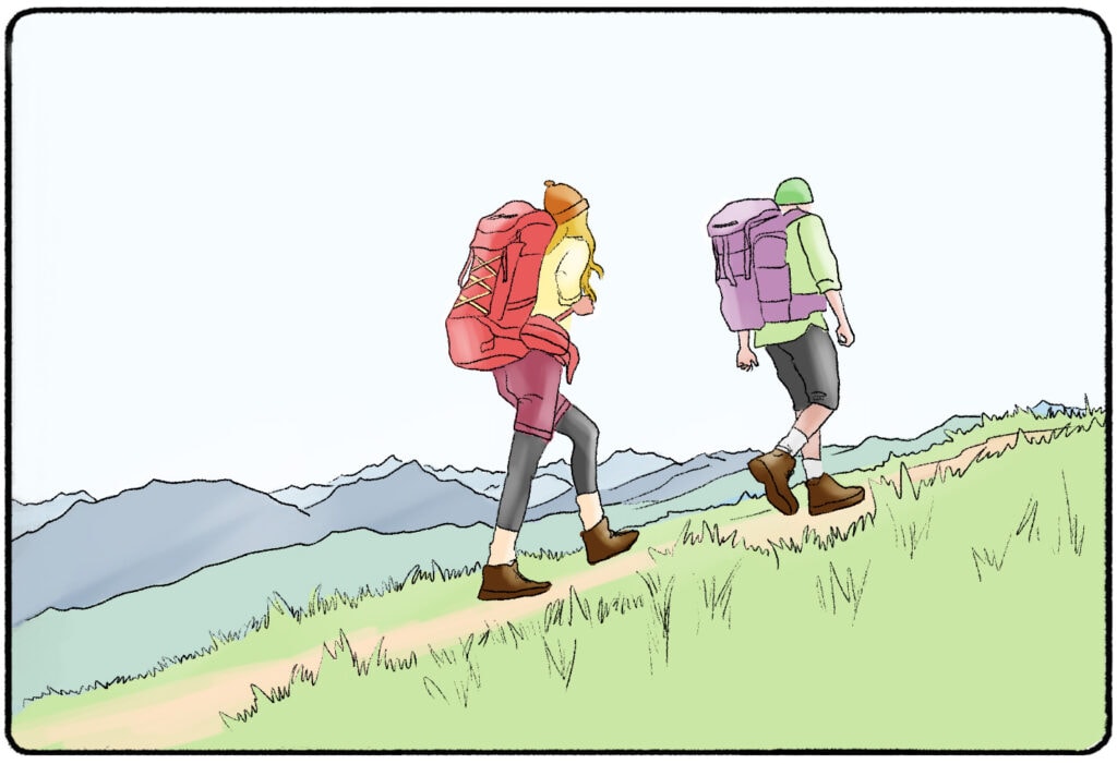 two people backpacking through the mountains