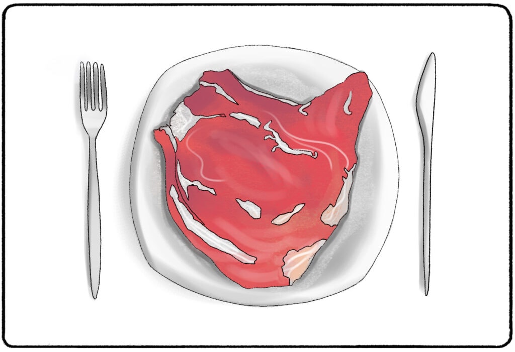 raw meat on a plate between a fork and knife