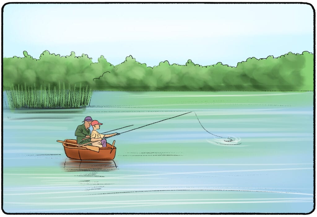 a man and son fishing in a small boat