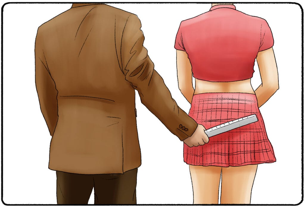 a man holding a ruler to a woman dressed as a schoolgirl's bottom