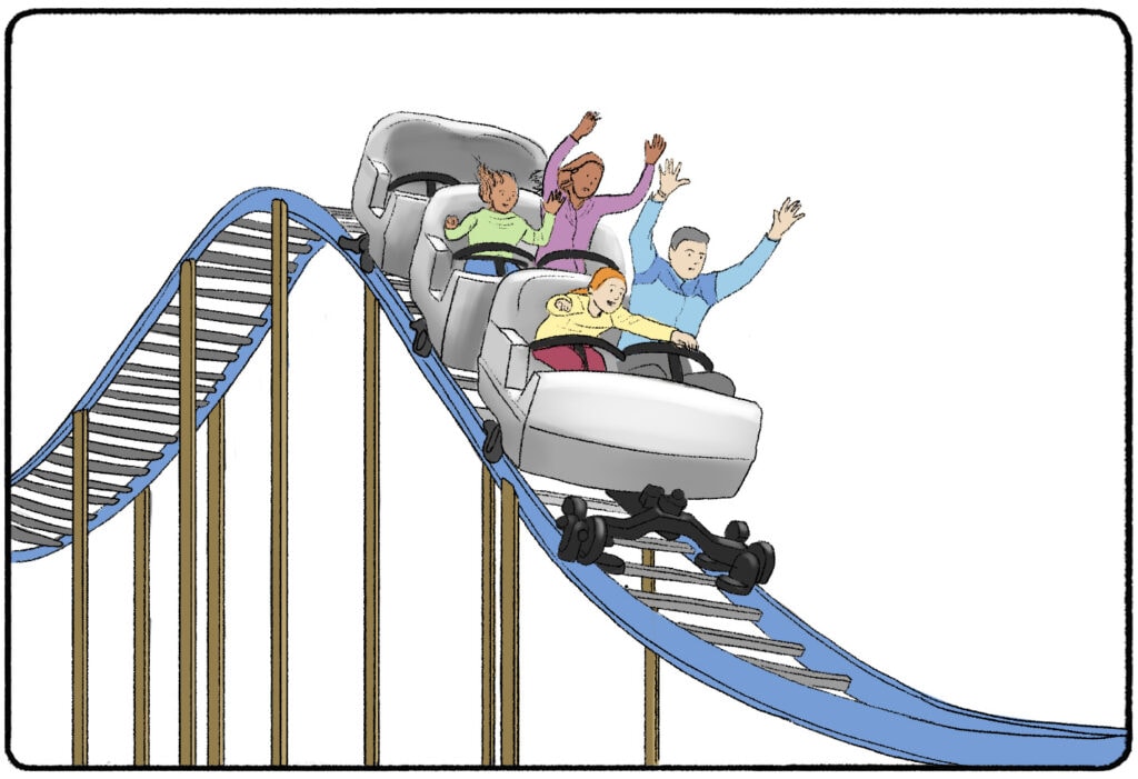 four people lifting up their hands while riding a rollercoaster