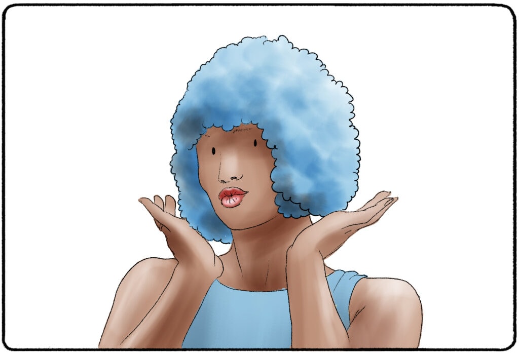 a woman wearing a blue afro wig