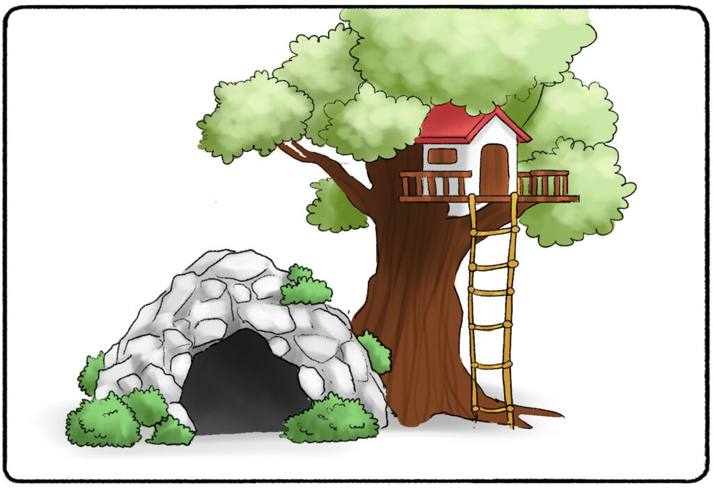 a rock cave next to a treehouse