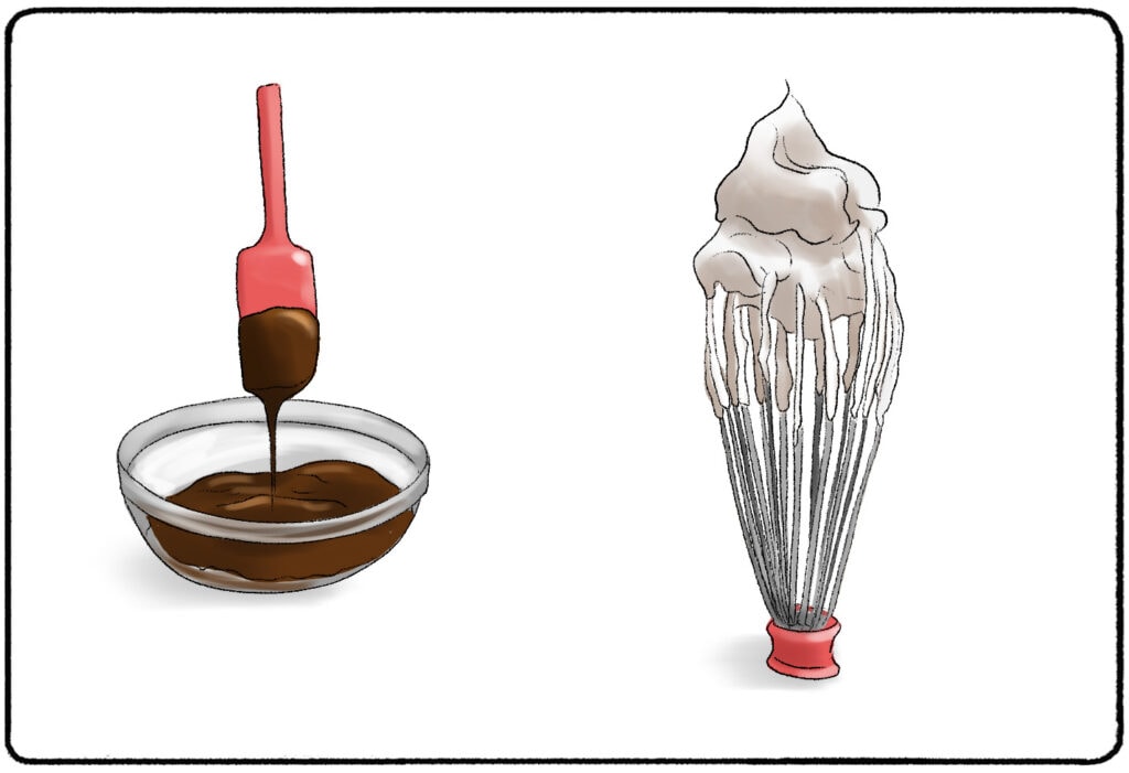 chocolate batter next to a whisk covered in whipped cream