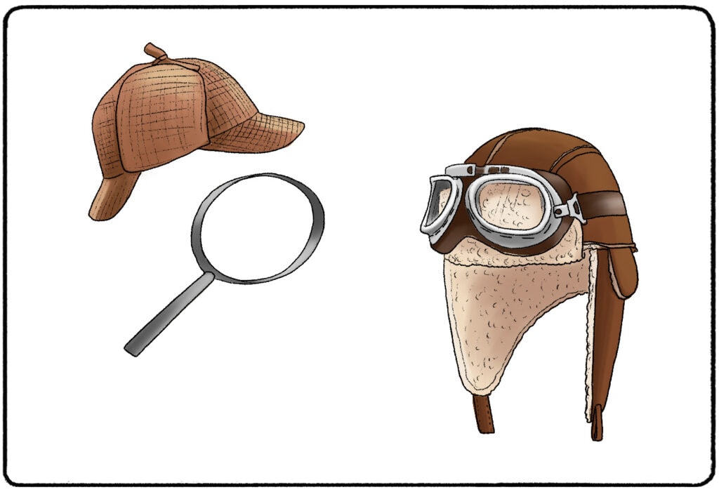 a detective's hat and magnifying glass next to a pilot helmet