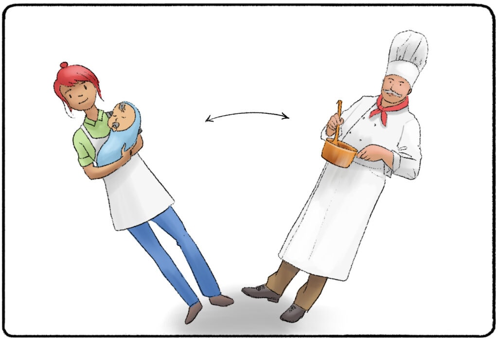 a nanny holding a baby and a chef stirring a pot