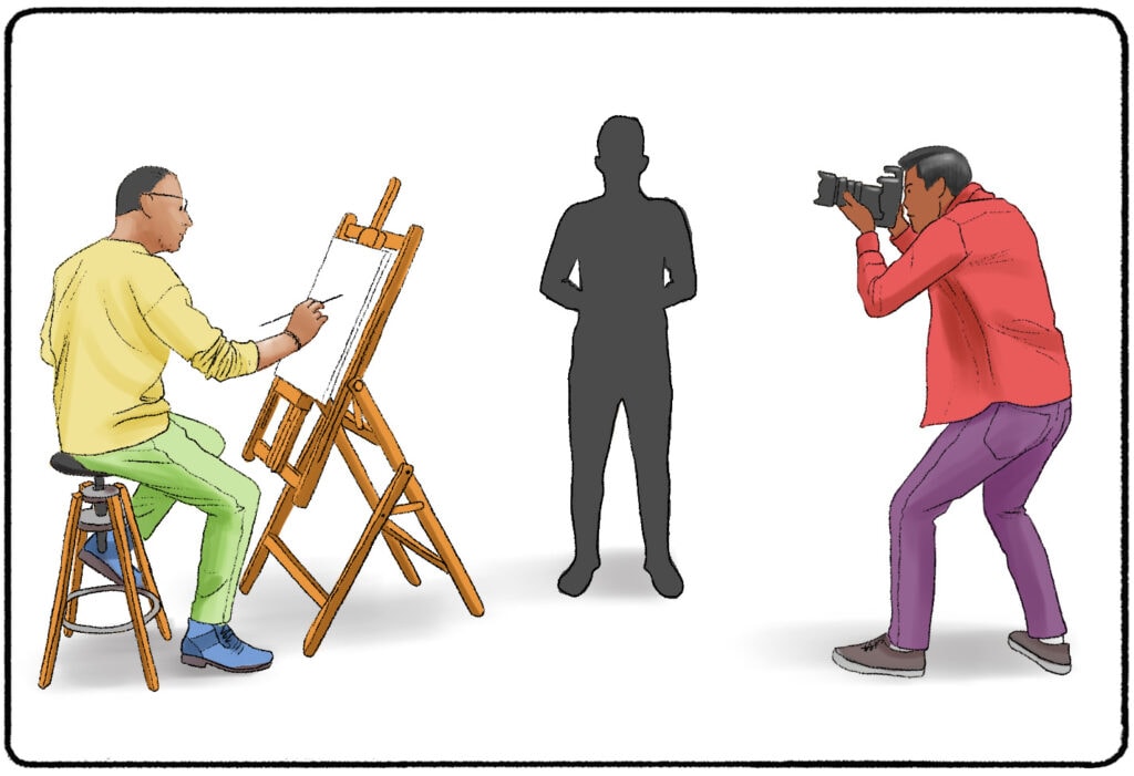 a man painting next to a man photographing a blank subject