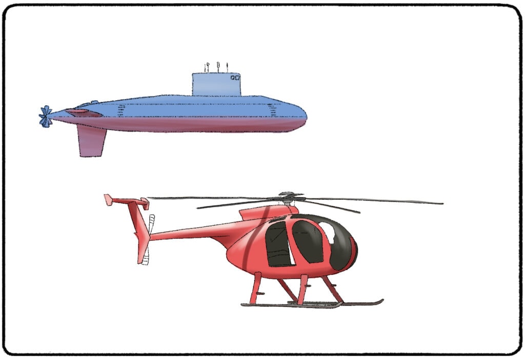 a submarine and a helicopter