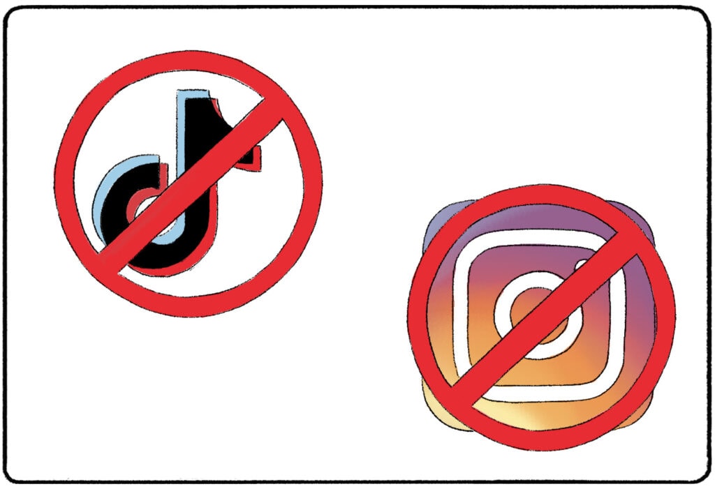 the TikTok and Instagram logos crossed out