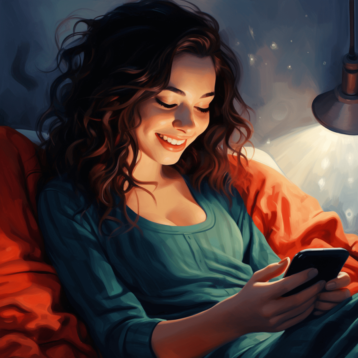 a girl checking her phones text at night