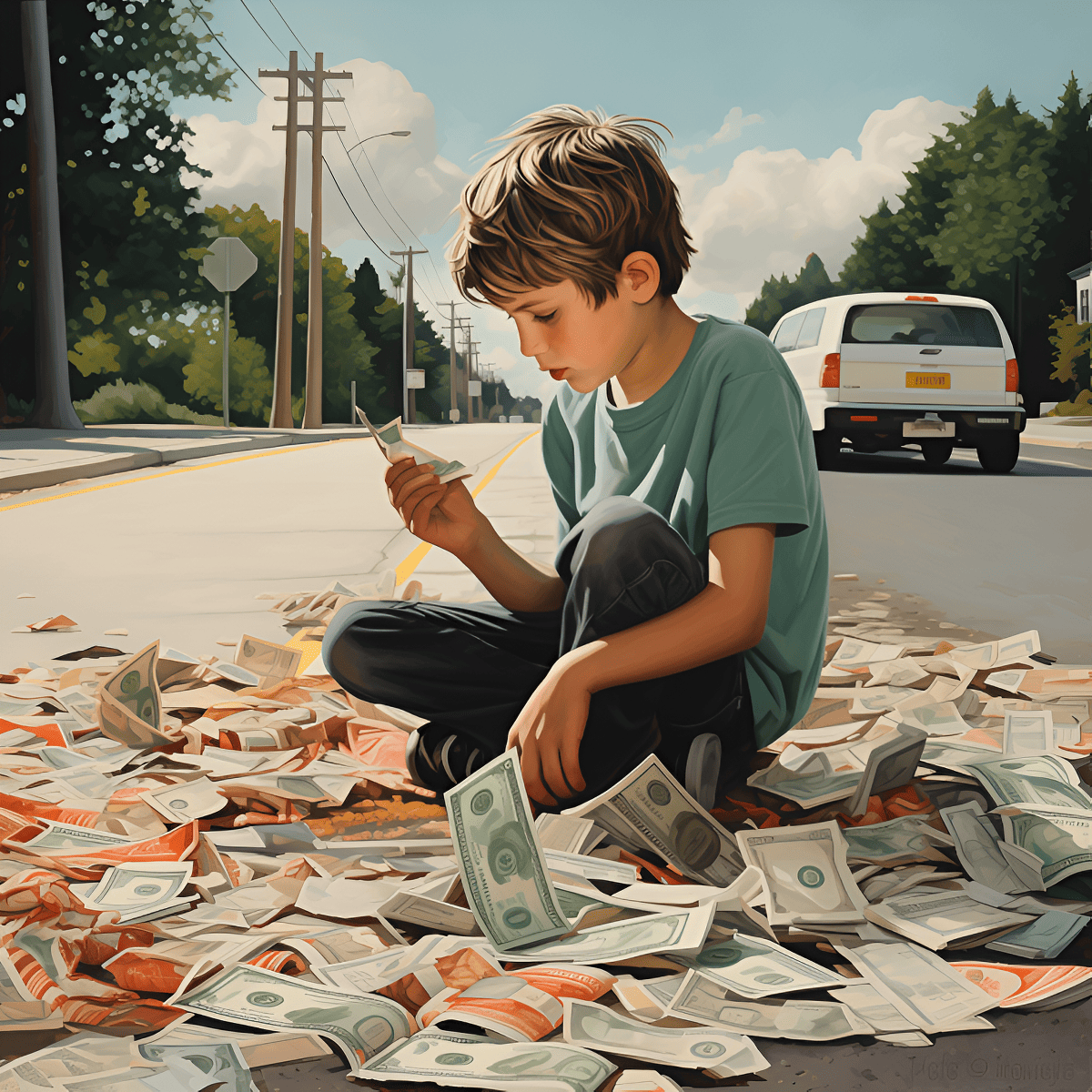 a boy picking up money from the ground