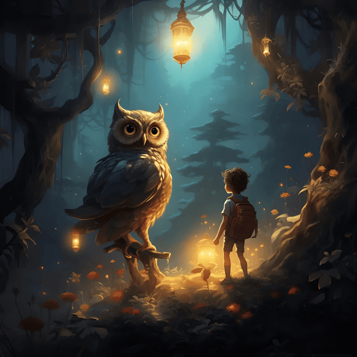 a boy sees the owl in the forest
