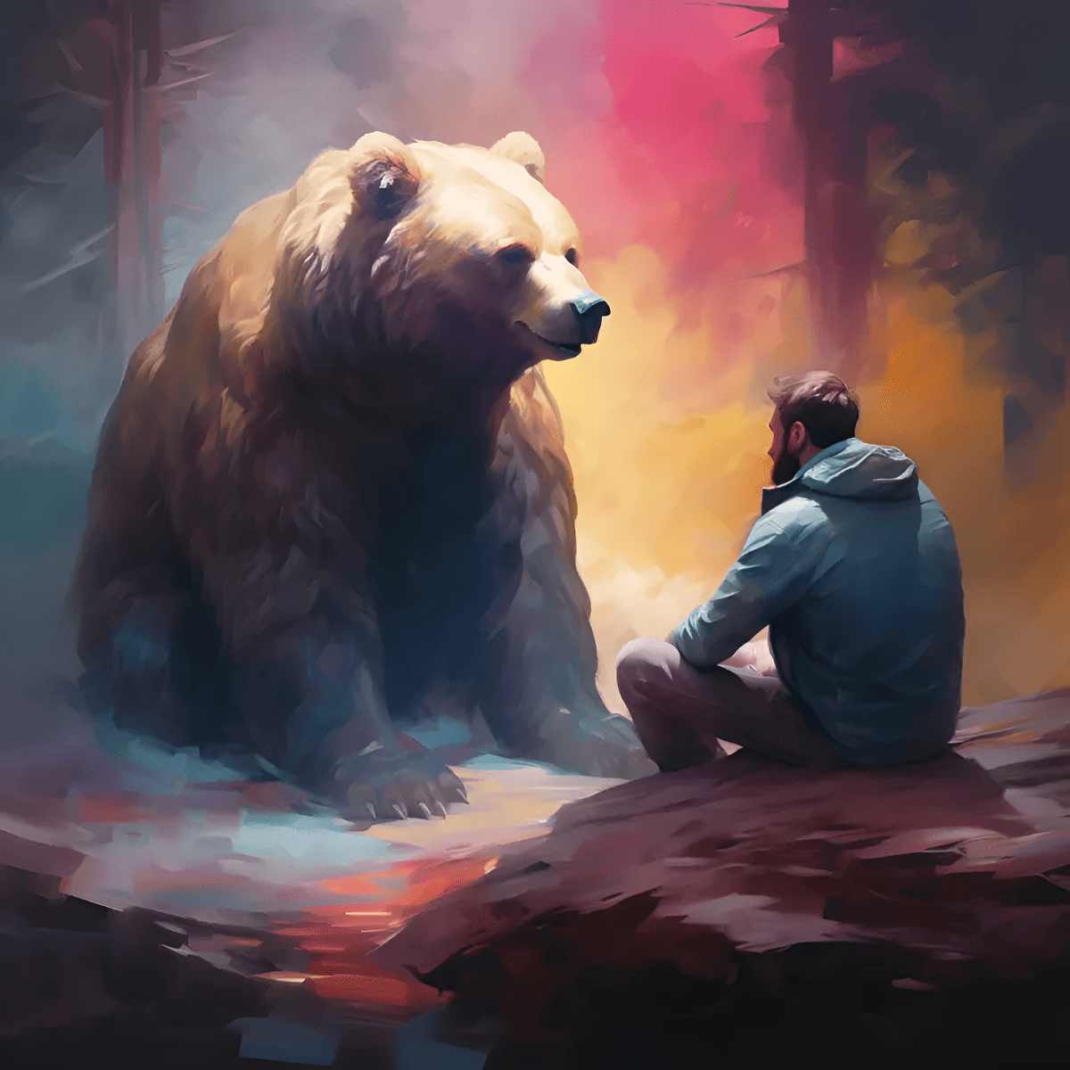 a man and a bear talking