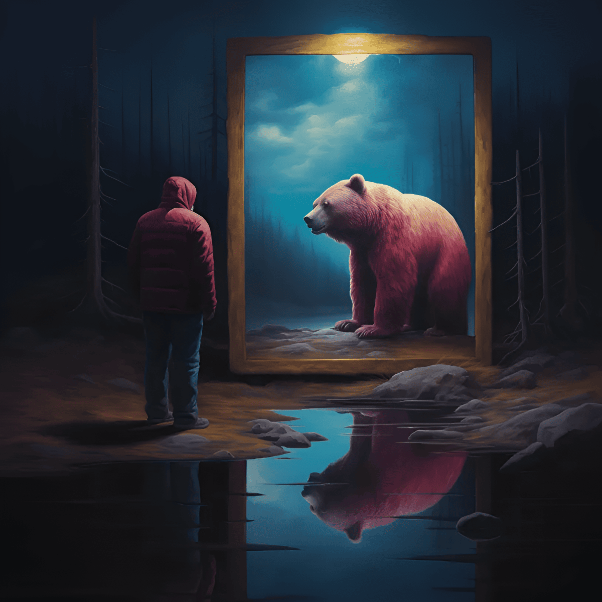a man sees a bear in his reflection