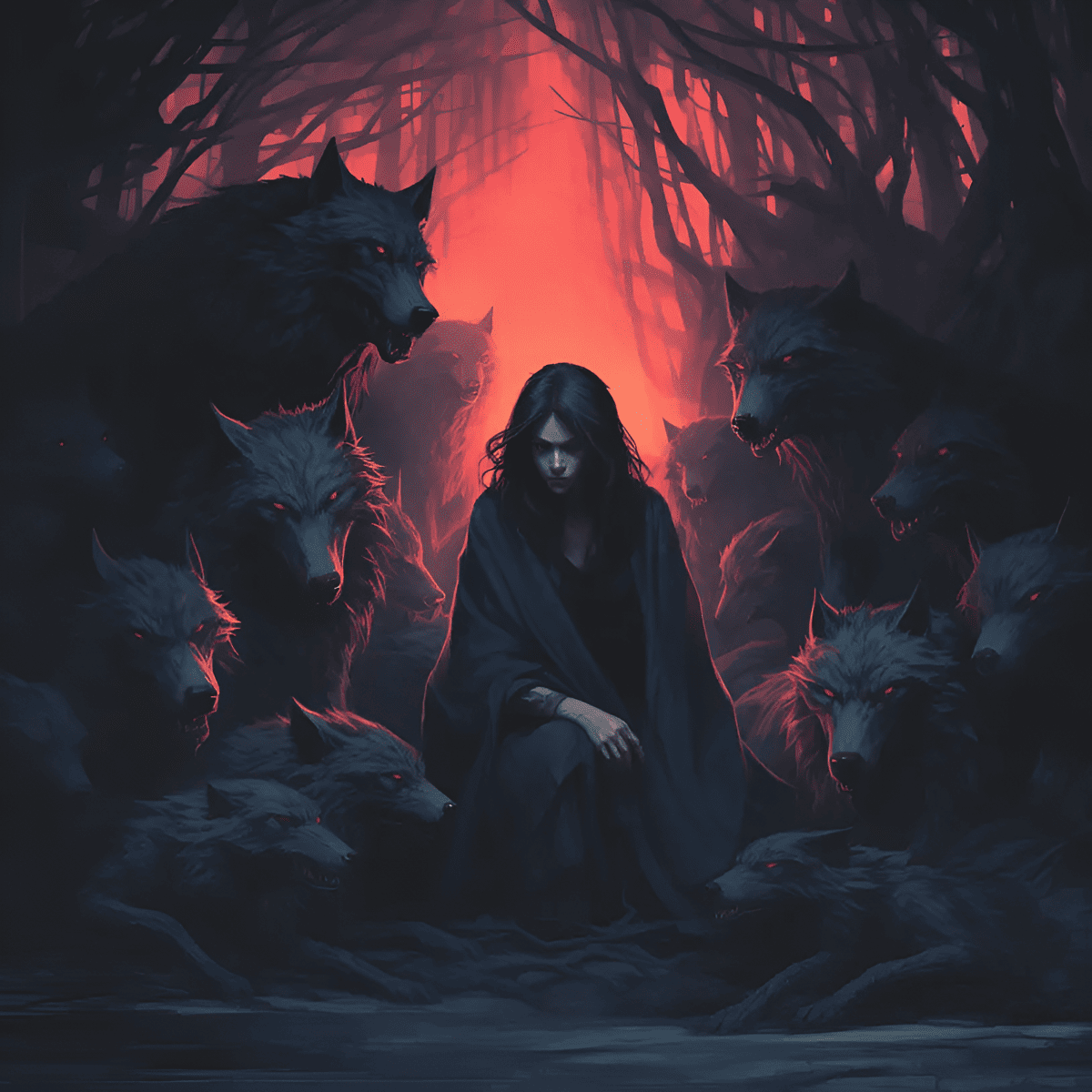 a woman surrounded by wolves