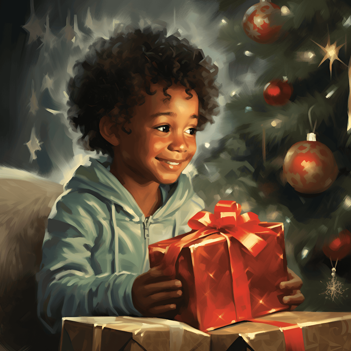 child with a gift under a christmas tree