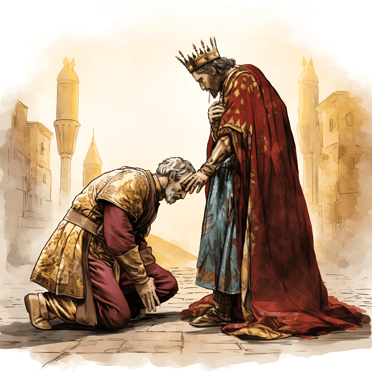 man bowing before a king