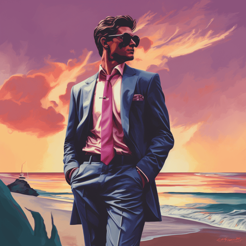 a man in suit enjoying the beach
