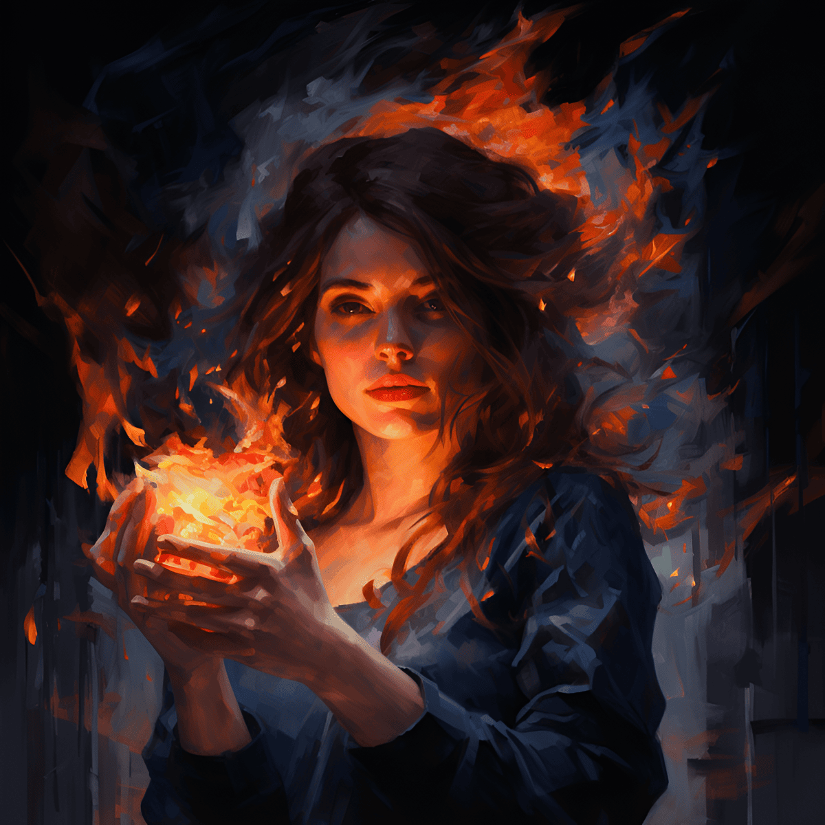 the woman holds fire in her hands
