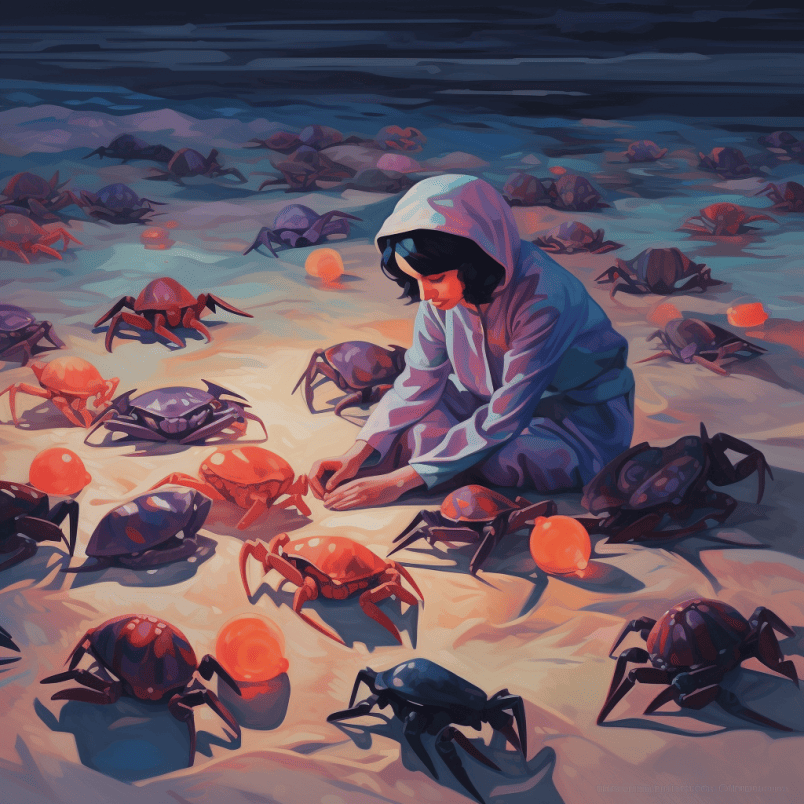 the woman is surrounded by crabs