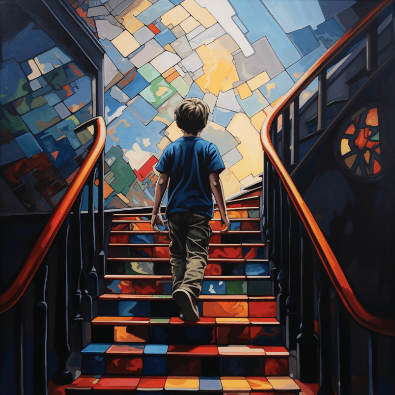 a boy climbing the stairs