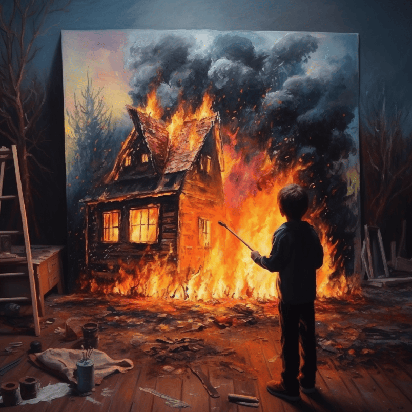 boy paints a picture of a burning house