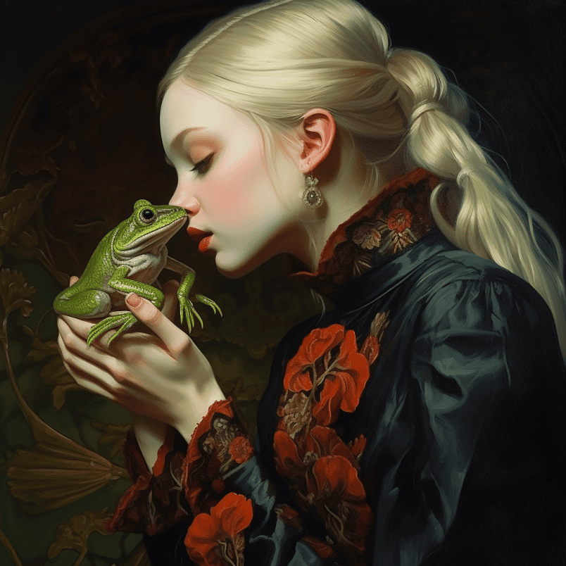 the woman is about to kiss the frog