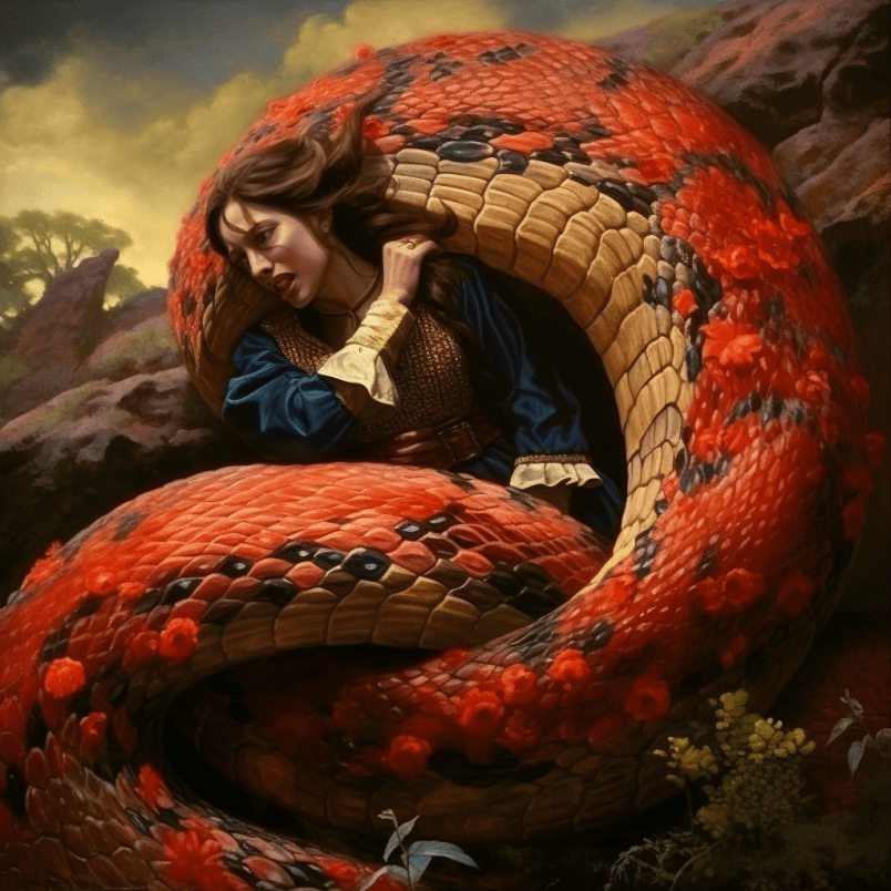 the snake coiled around the woman