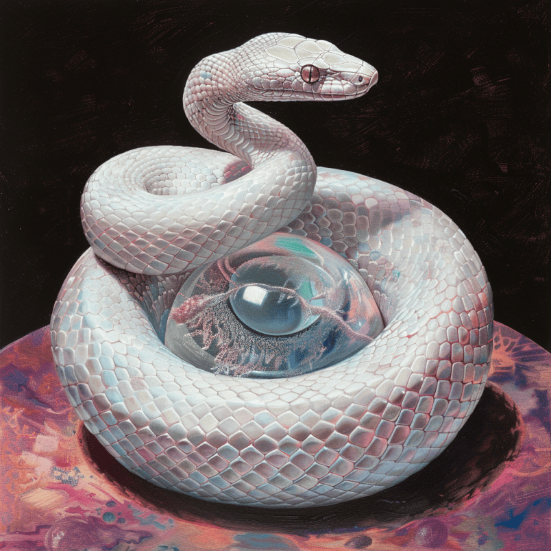 white snake coiled around the crystal ball